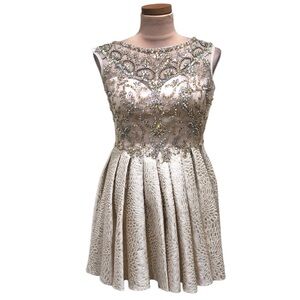 Dave & Johnny Prom Dress Size 1/2 Beige Gold Rhinestones